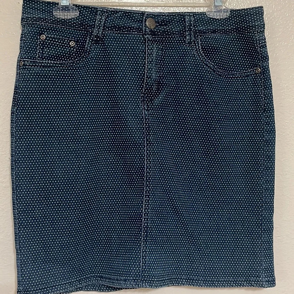 Earl Jean mini Skirt Womens 8 Navy Blue Polka Dot A Line Front Zip light stretch - Picture 2 of 12